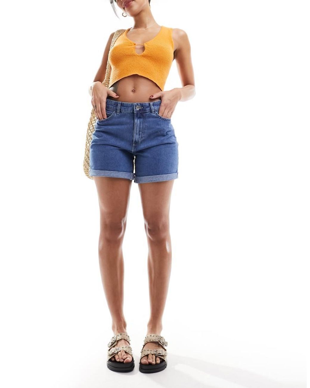ONLY Blue Vega Low Rise Rolled Hem Denim Mom Shorts