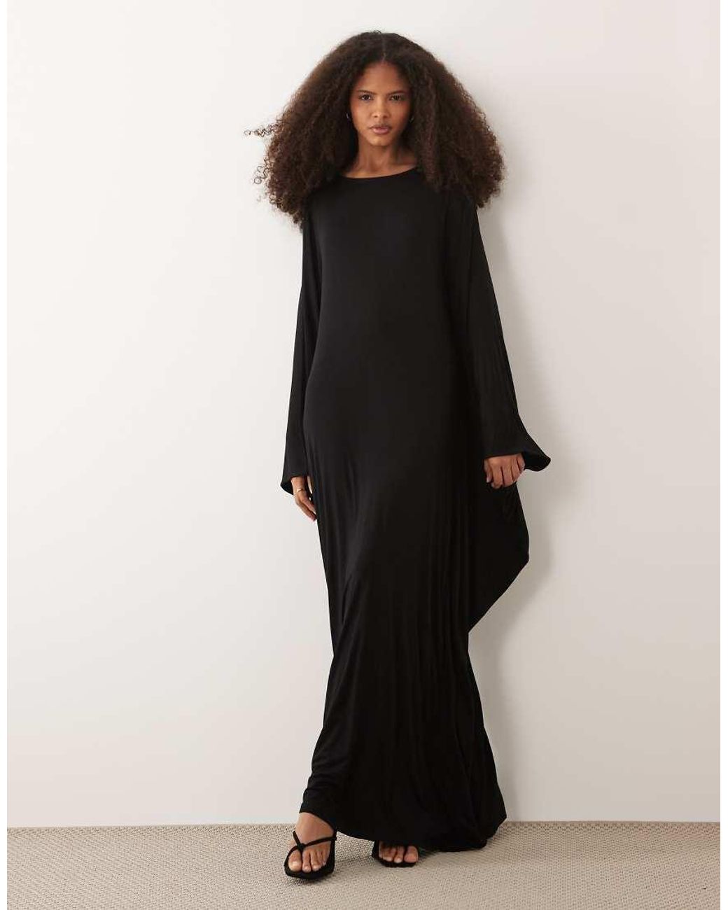 Iyal Black Jersey Dramatic Wide Sleeve Detail Kaftan Maxi Dress