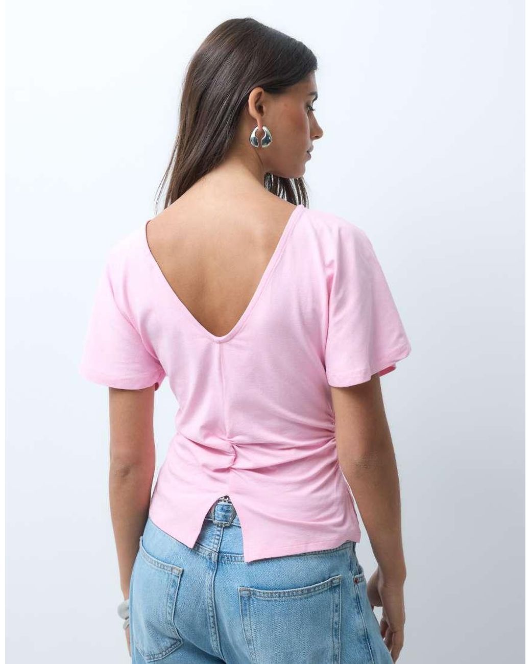 ASOS Pink Cinch Waist Angel Sleeve Tee With V Back Detail