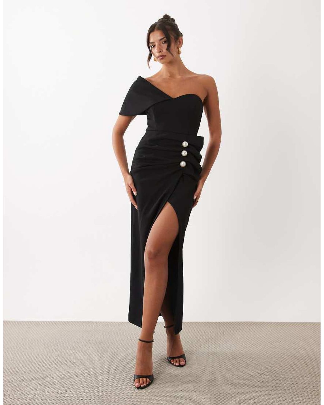 ASOS Natural Structured Drape Midi Dress With Pearl Detail