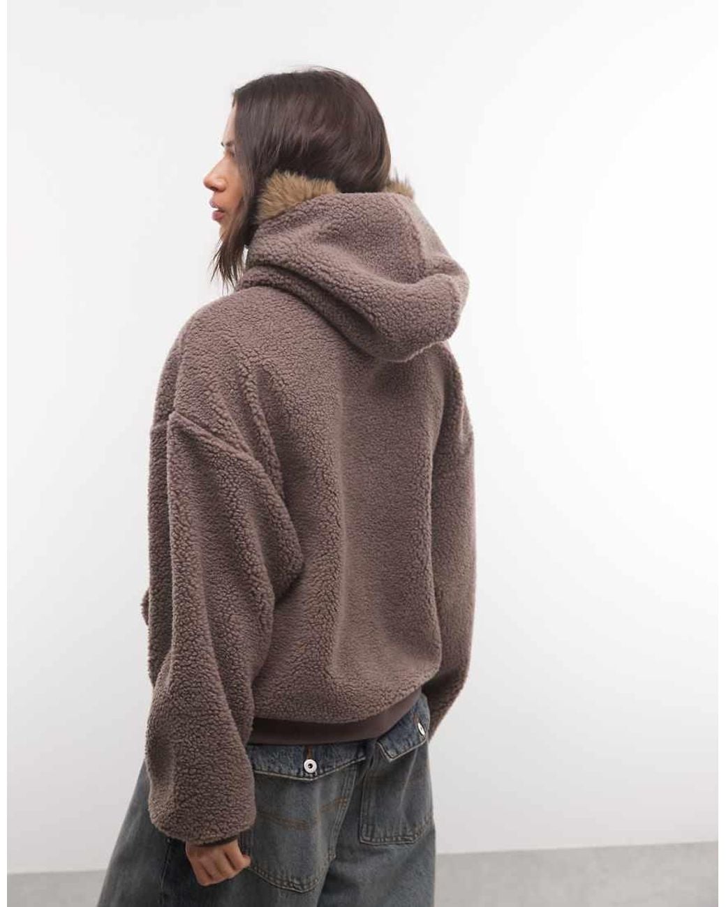 ASOS Gray Weekend Collective Oversized Borg Hoodie With Fur Trim Hood