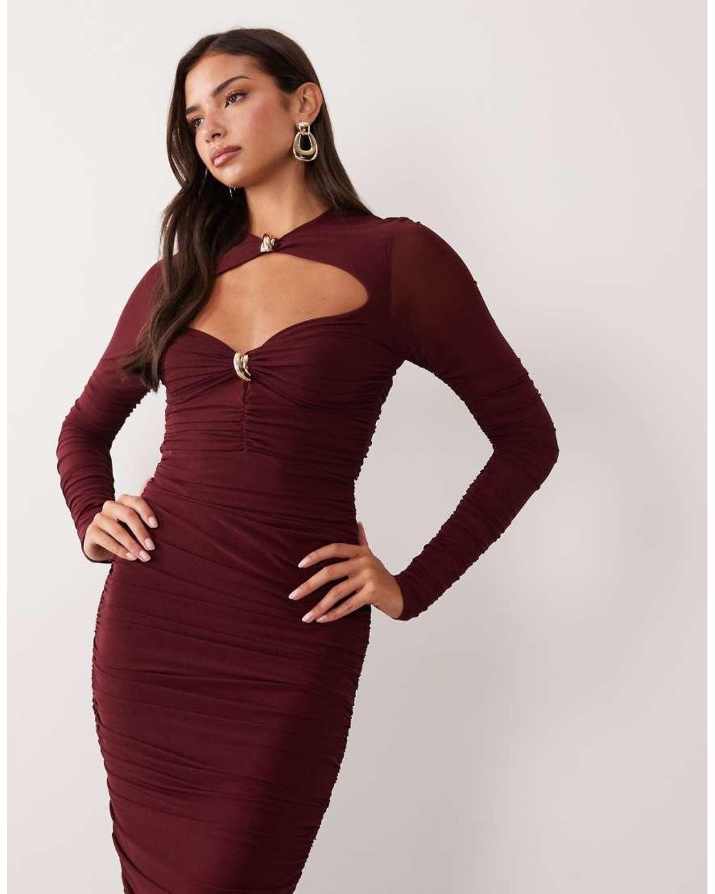 Ruched & Ready Purple Sculpted Cut Out Hardware Detail Bodycon Maxi Dress