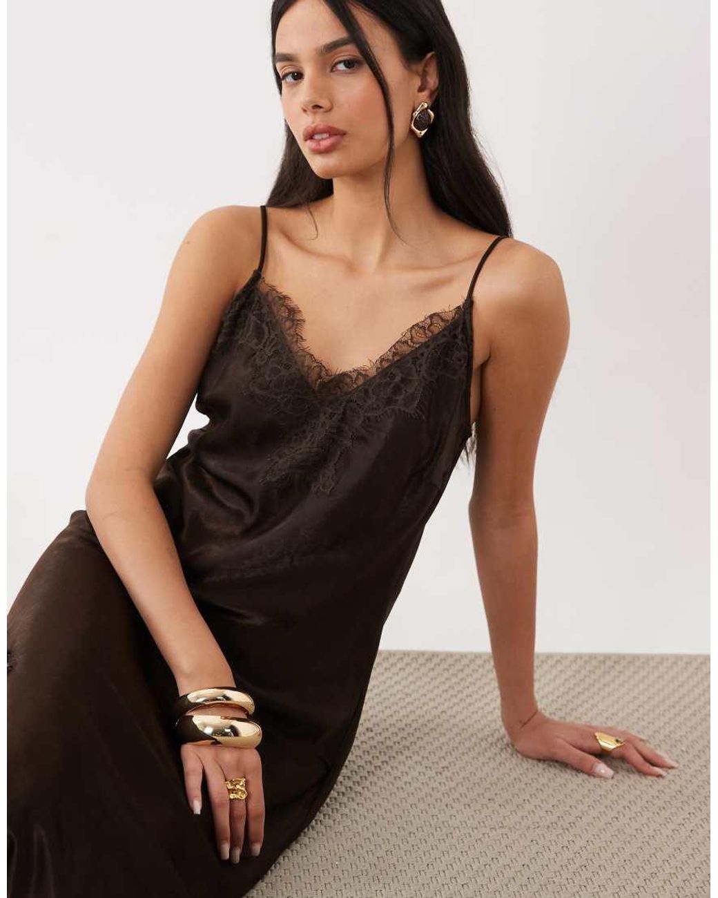 Vero Moda Natural Cami Strap Asymm Maxi Dress With Lace Detail