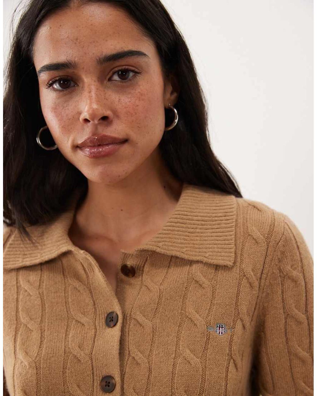 Gant Brown Stretch Cotton Cable Knit Half Zip