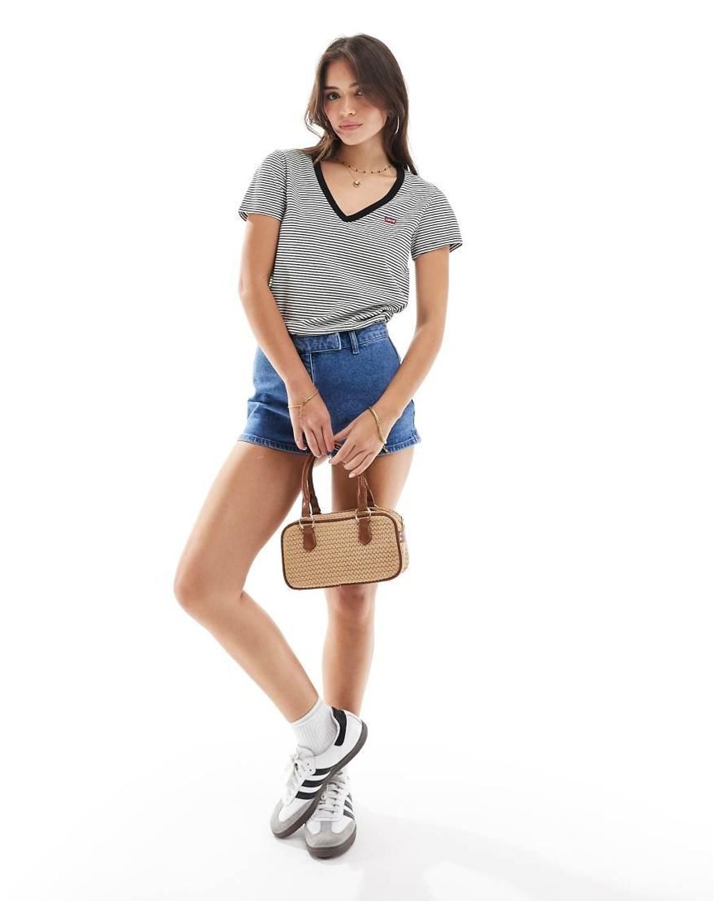 Levi's Gray Perfect V Neck Small Batwing Logo Stripe T-shirt