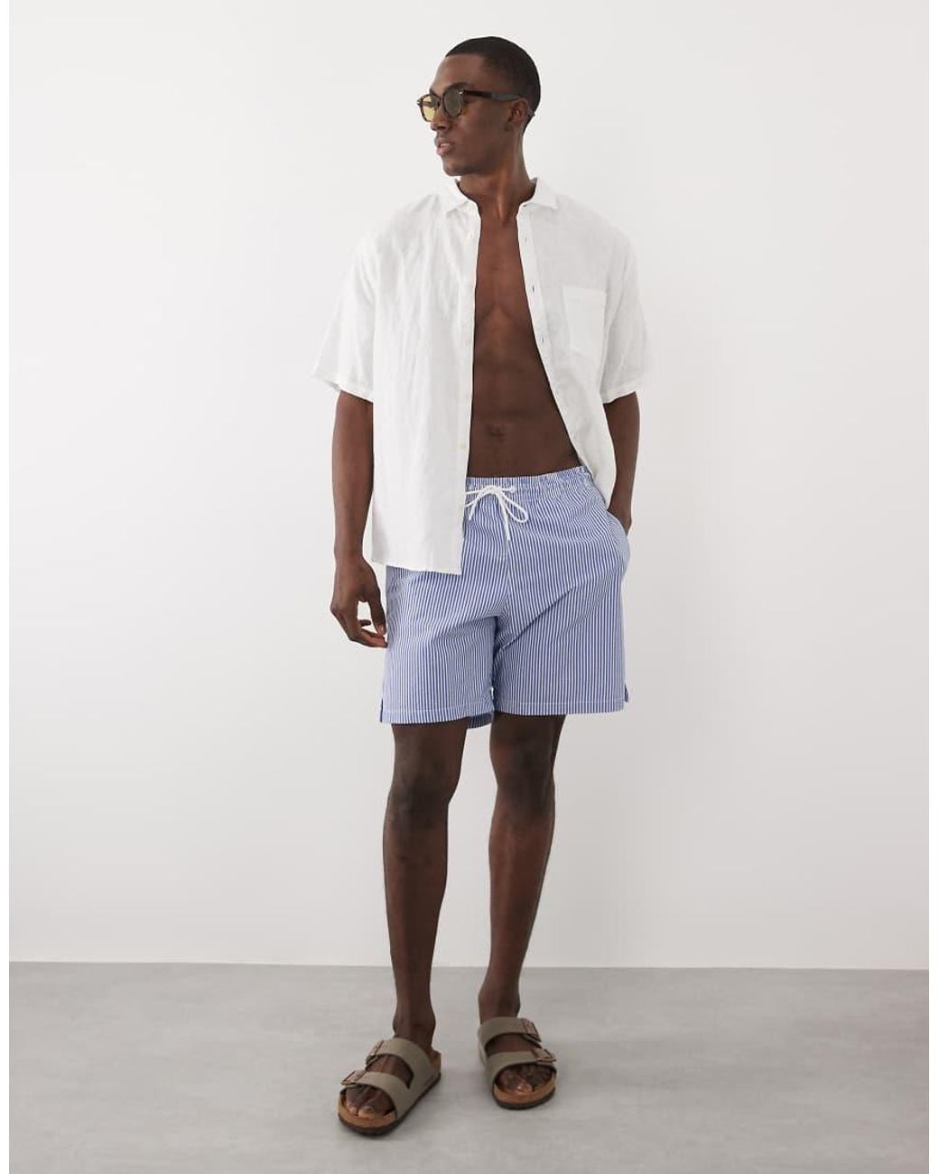 Mango Blue Seersucker Striped Swimshorts for men
