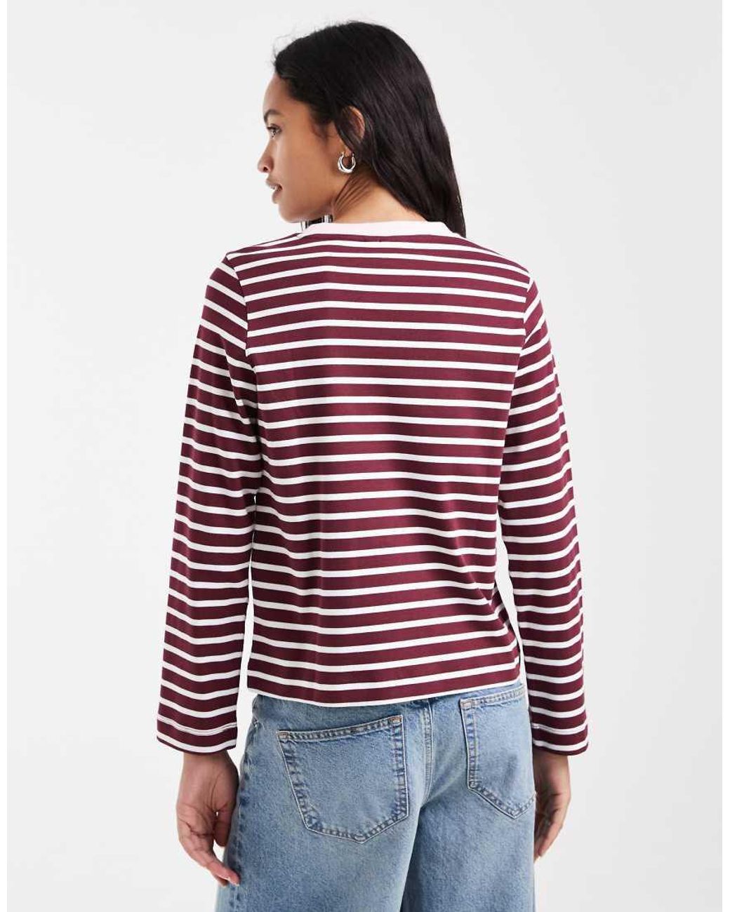 Vero Moda Red Long Sleeve Stripe T-shirt With Contrast Rib Collar