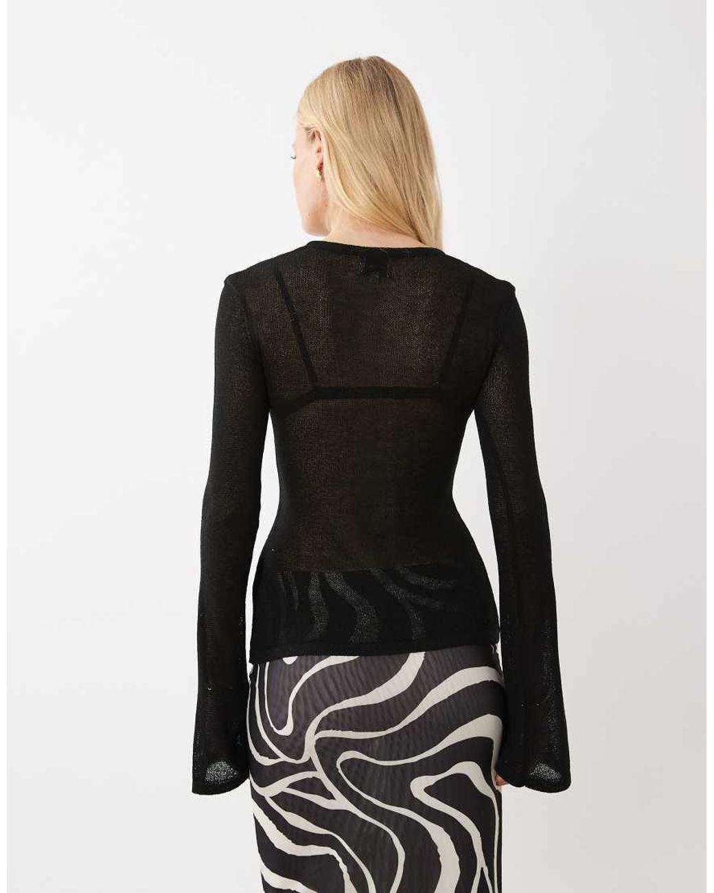 SNDY'S Black Fine Knit Button Through Flare Sleeve Cardigan Top