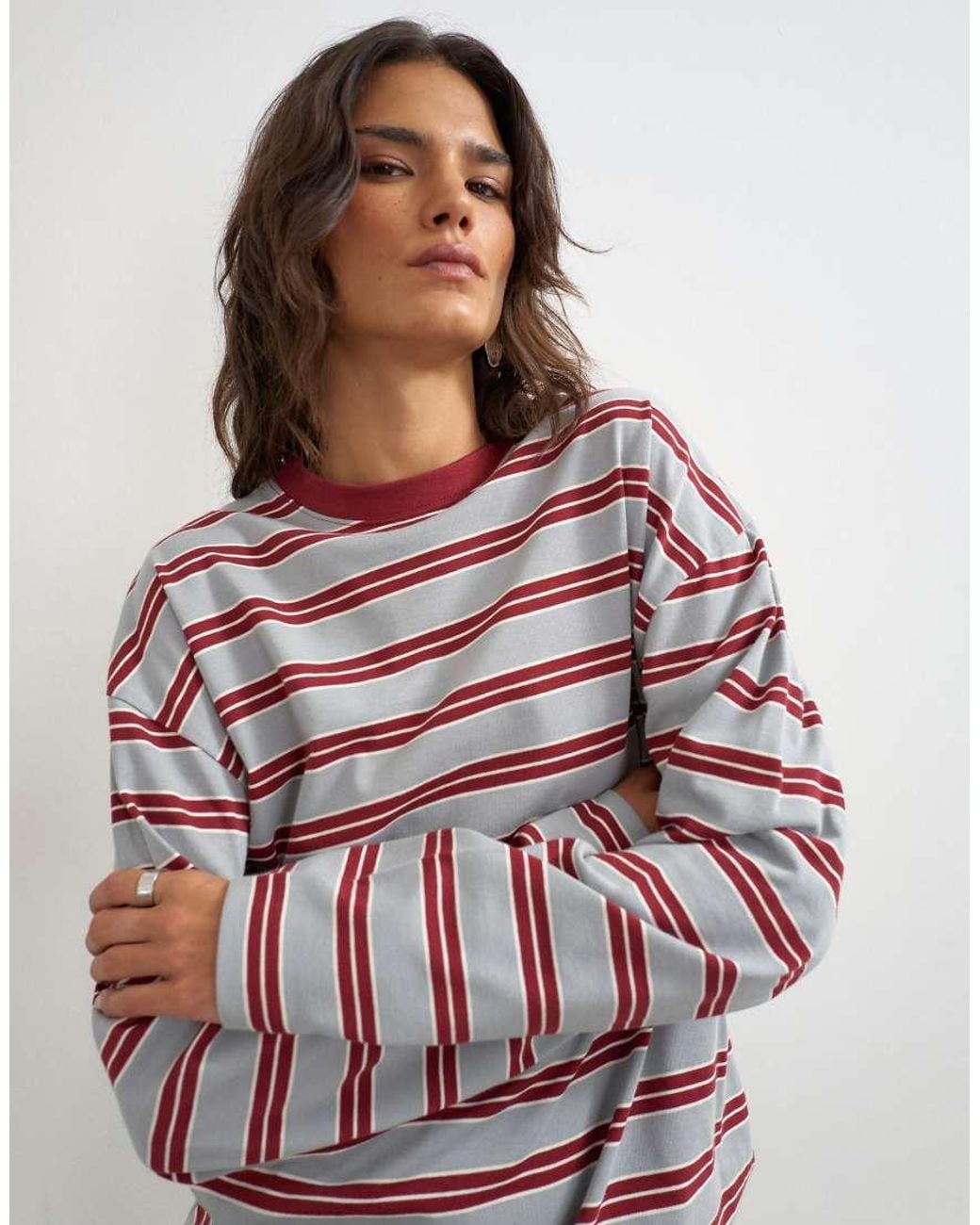 TOPSHOP Brown Stripe Long Sleeve Slouchy Skater Tee