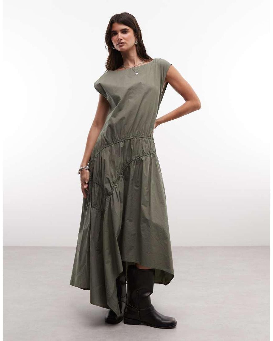 AllSaints Green Triana Ruched Ruffle Midi Dress