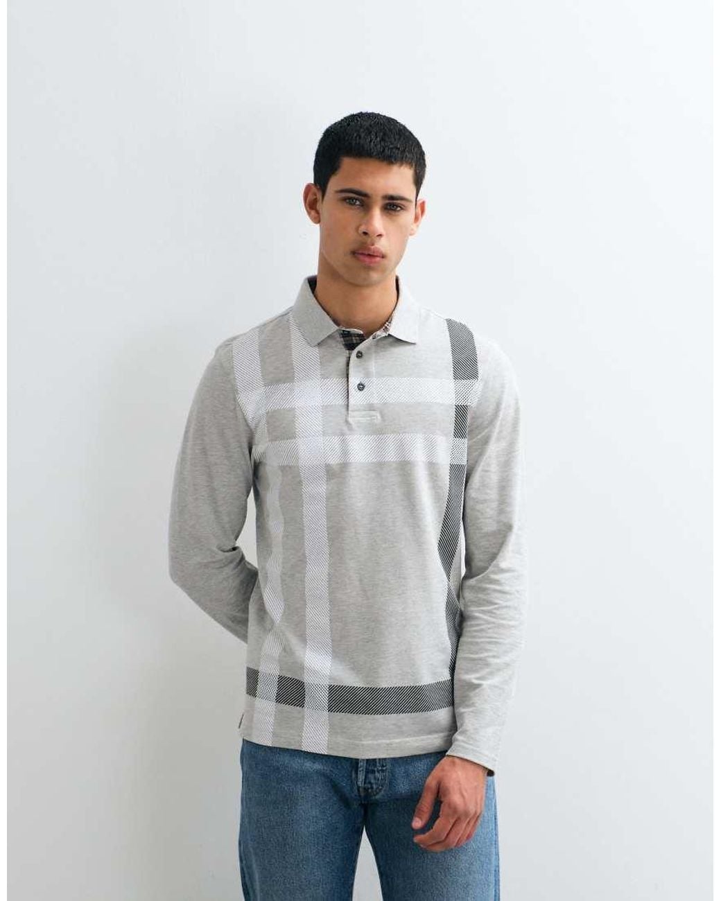 Barbour Gray Blaine Long Sleeve Tartan Check Tailored Polo Shirt for men