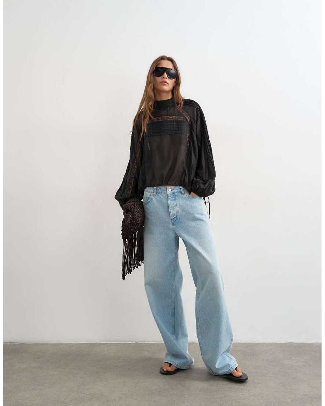 TOPSHOP Black Lace Trim Ruched Side Blouse
