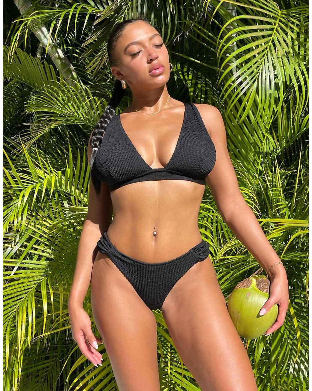 Wolf & Whistle Black Textured Non Wired Plunge Bikini Top