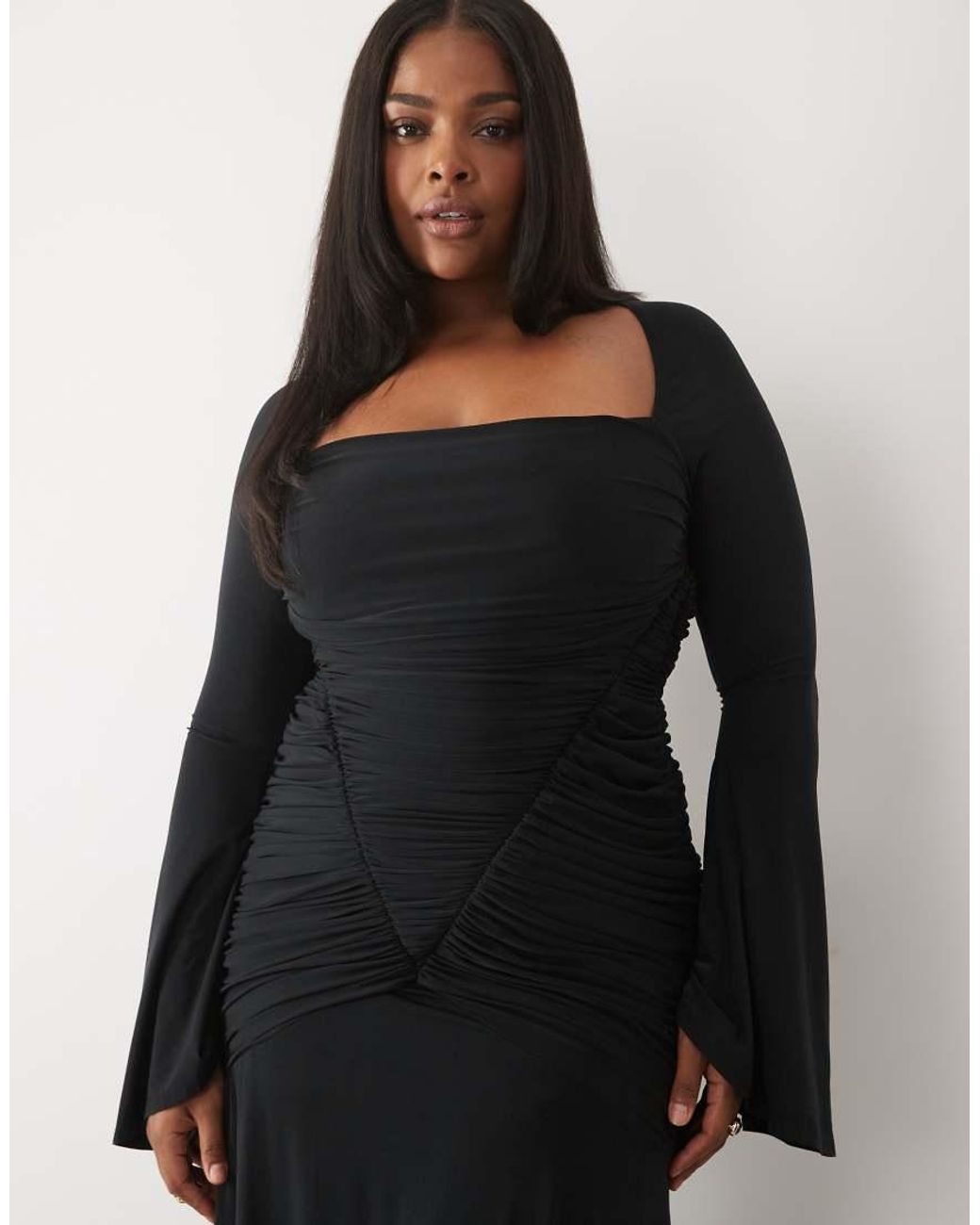 ASOS Black Asos Design Curve Slinky Square Neck Maxi Dress With Ruched Bodice