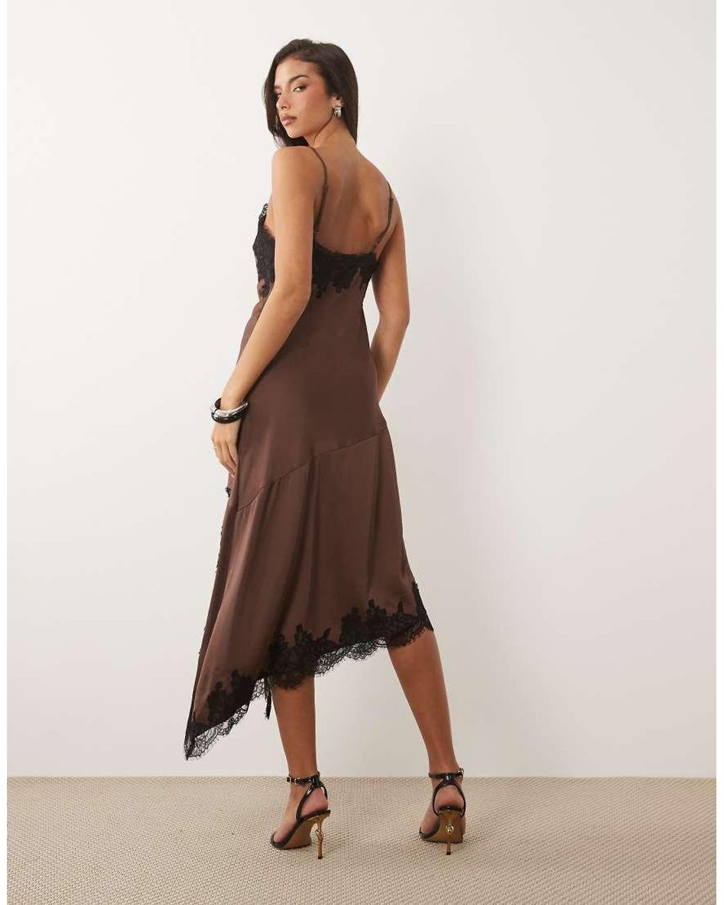 Nobody's Child Natural Zaria Satin Lace Trim Split Front Cami Midi Dress