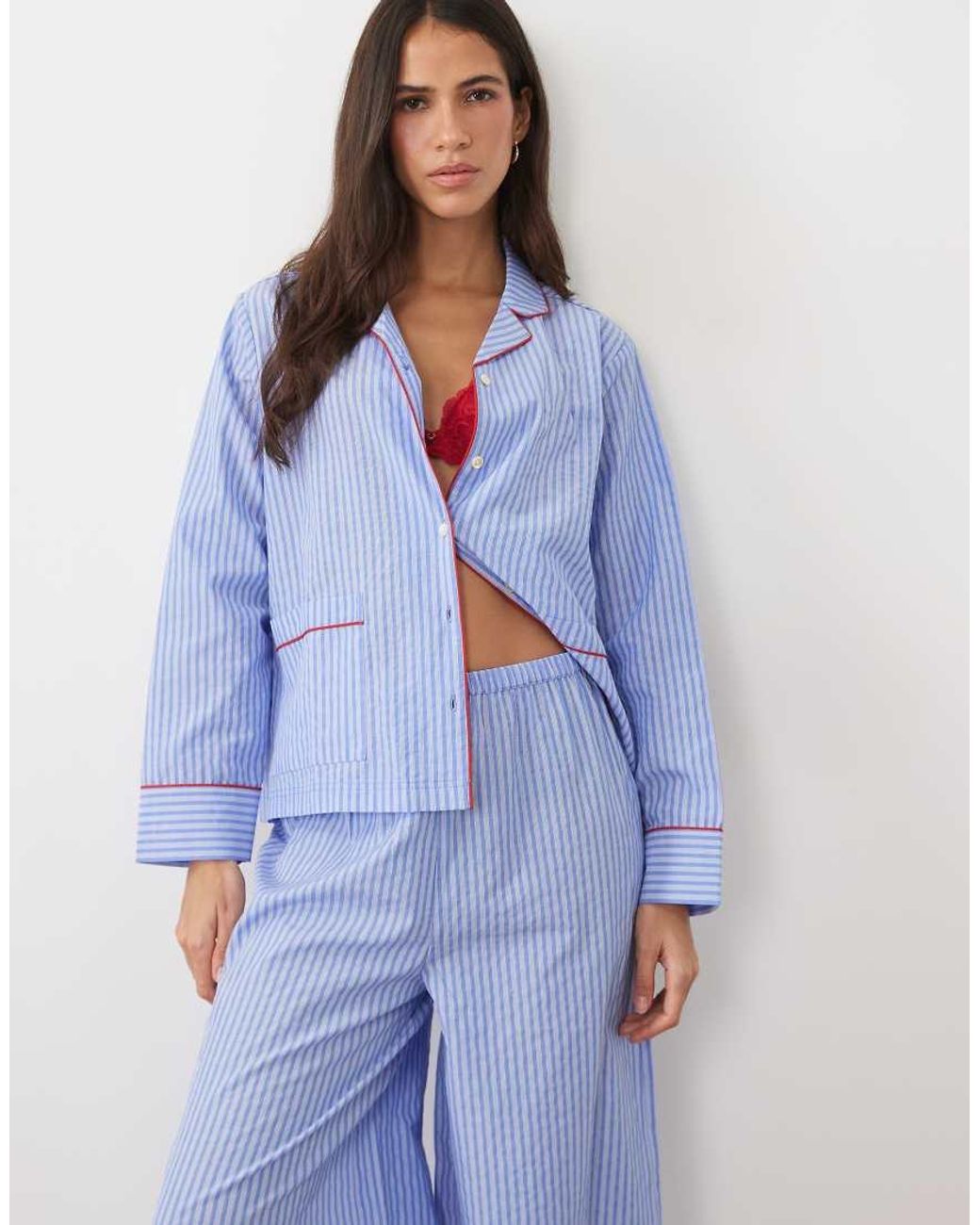 ASOS Blue Woven Cotton Long Sleeve Shirt And Wide Leg Trouser Pyjama Set