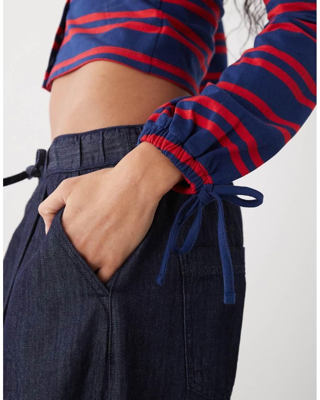 Reclaimed Vintage Blue Balloon Sleeve Top With Tie Cuff Detail