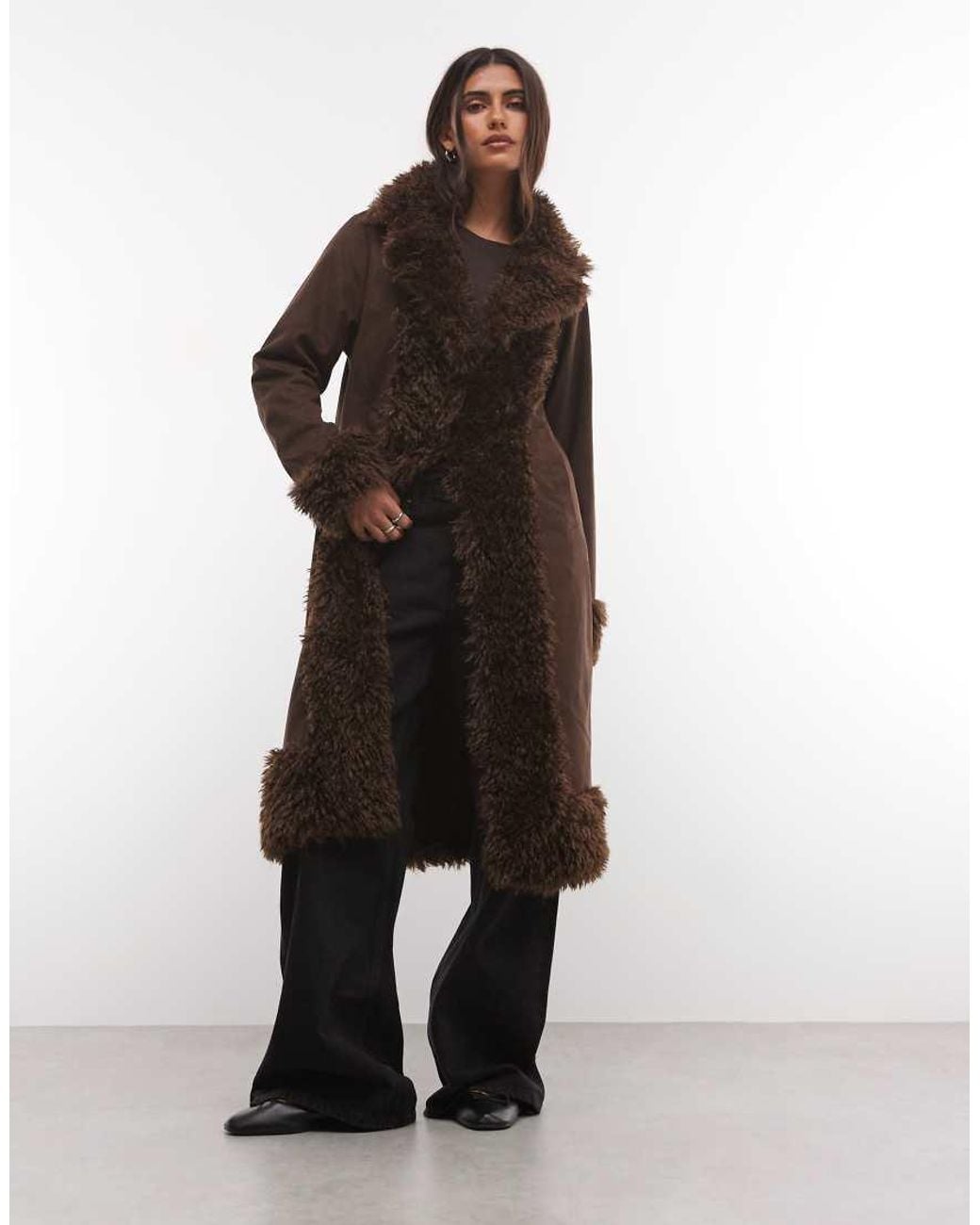 Noisy May Brown Faux Fur Trims Coat