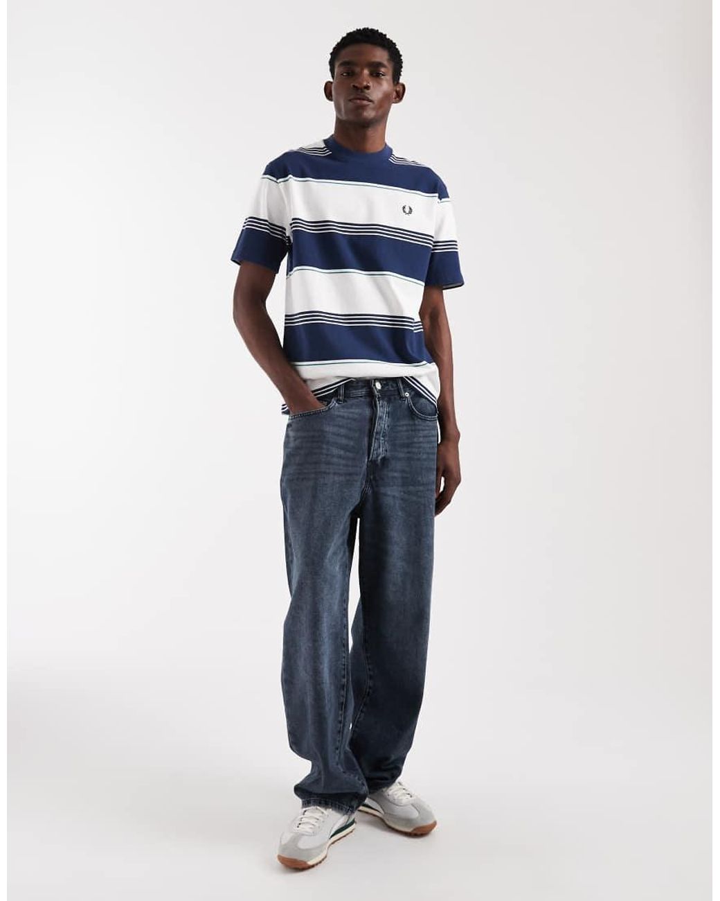 Fred Perry Blue Heavyweight Striped Logo T-shirt for men