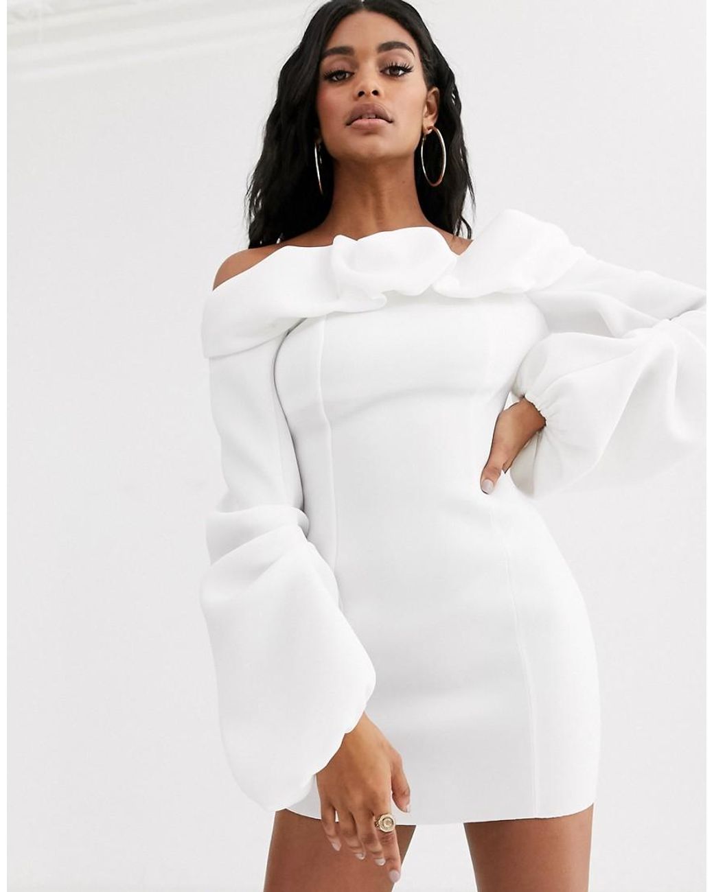 Bubble Long Sleeve Mini Dress-white 