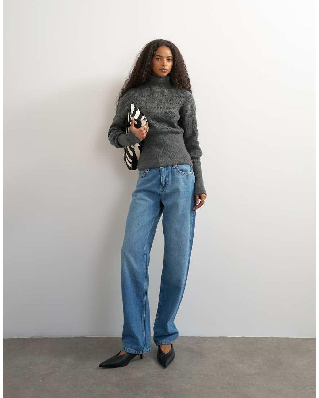 TOPSHOP Black Knitted Stitchy High Neck Jumper