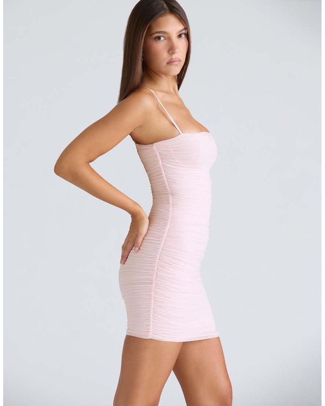 House Of Cb White Ella Ballerina Gathered Stretch Mesh Mini Dress