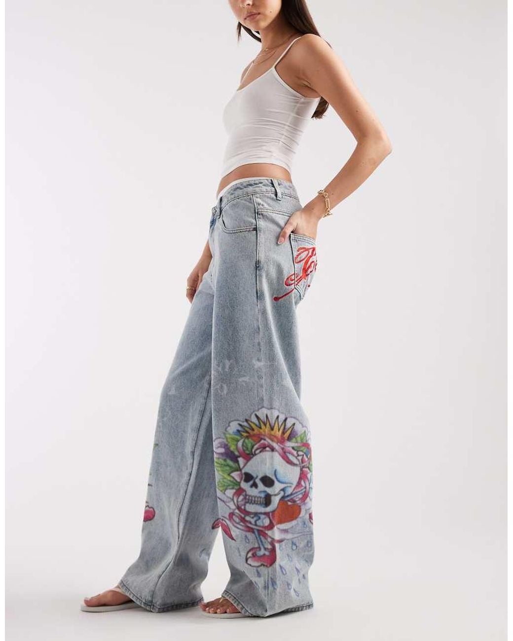 Ed Hardy Blue Cherry Skull Side Print Jeans