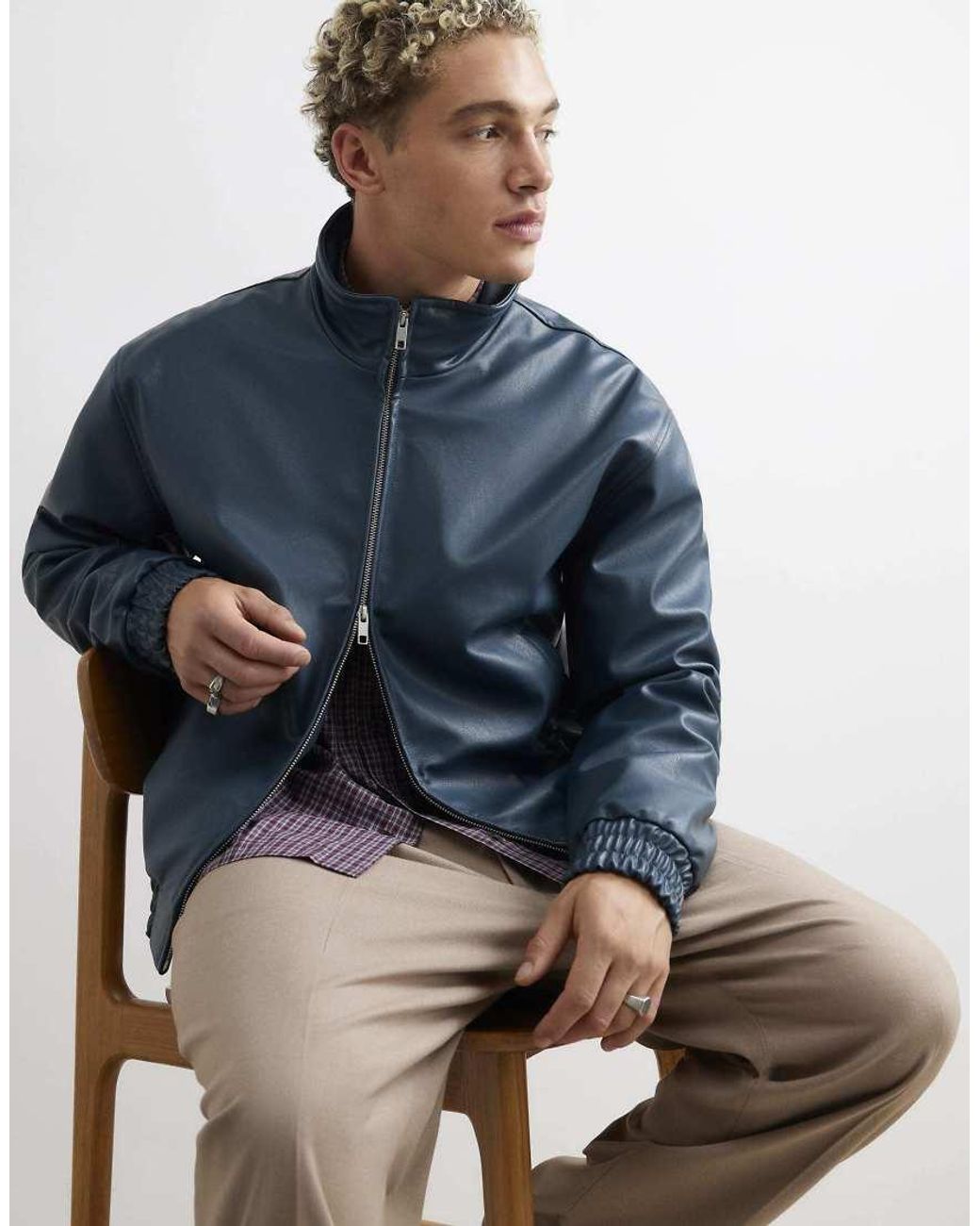 River Island Blue Faux Leather Embroidered Bomber Jacket for men