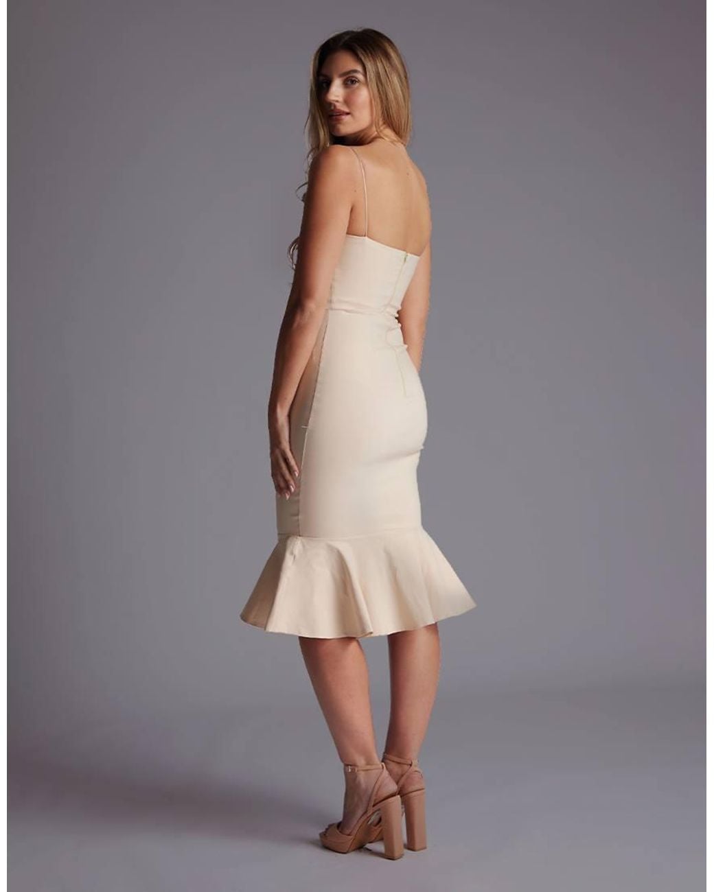 Vesper Gray Square Neckline Frill Hem Midi Dress