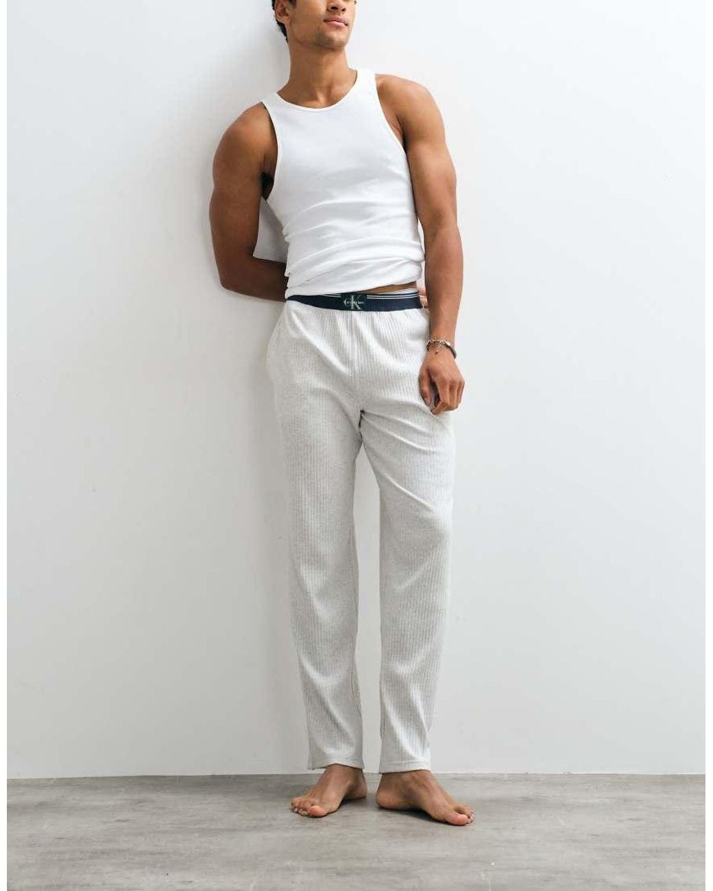 Calvin Klein Gray Cotton Pyjama Pants With Logo Waistband for men