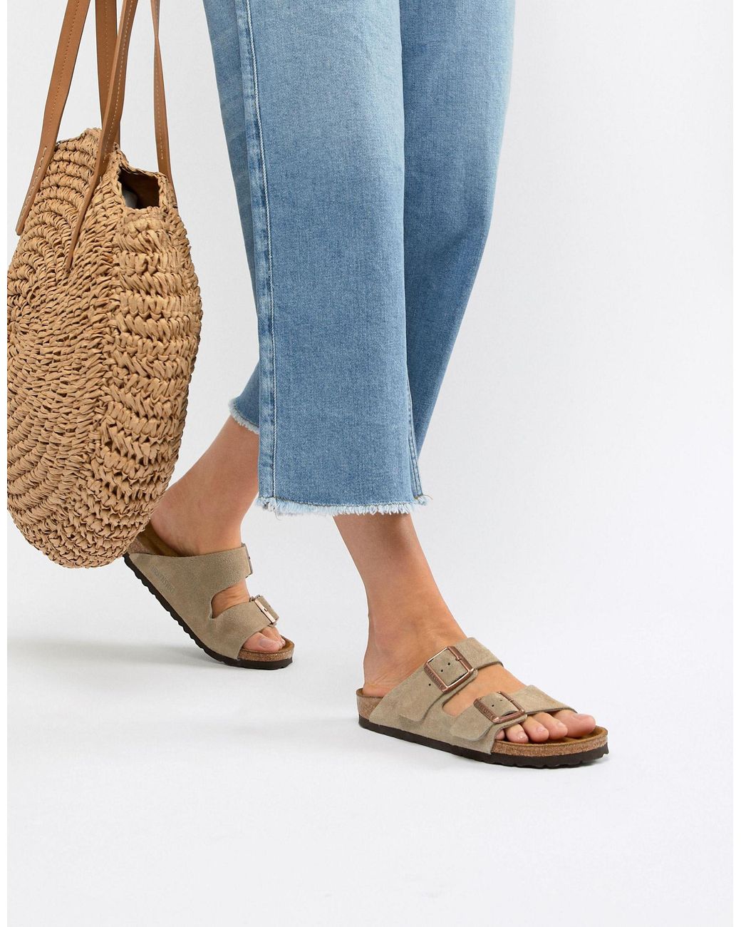 Taupe Suede Flat Sandals in Natural | Lyst