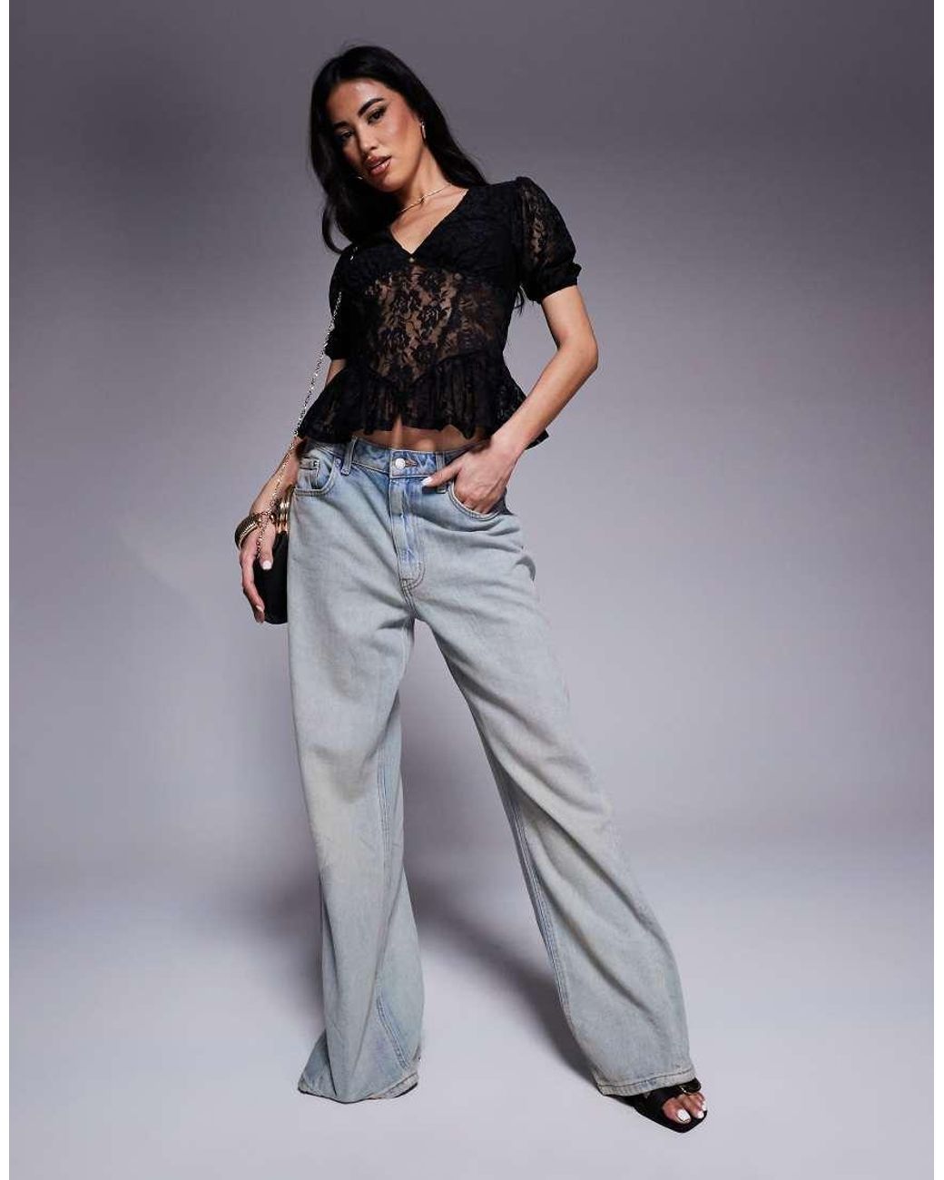 ASOS Black Lace Puff Sleeve Seam Detail Top