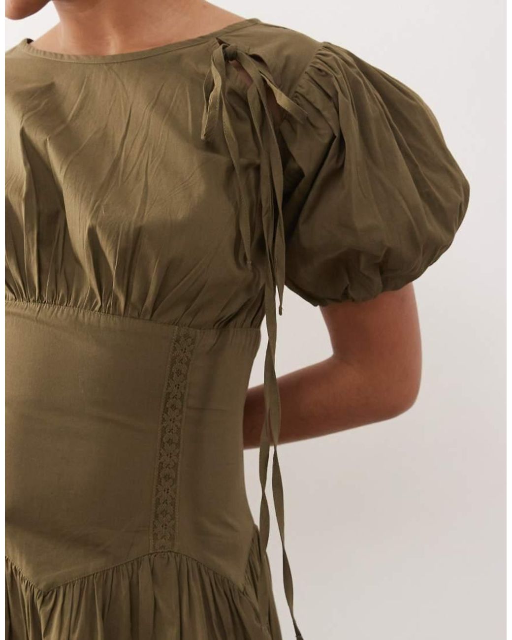 Reclaimed Vintage Natural Midi Dress With Puff Sleeves And Tie Front Detail