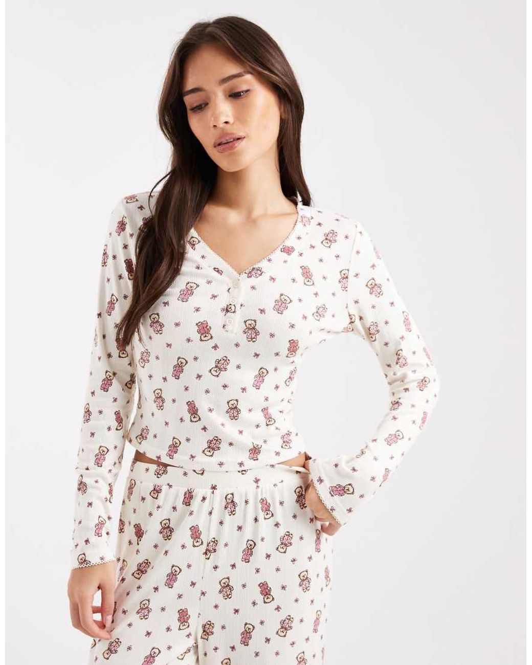 Miss Selfridge White Teddy Bear Print Mix And Match Pyjama Henley Top