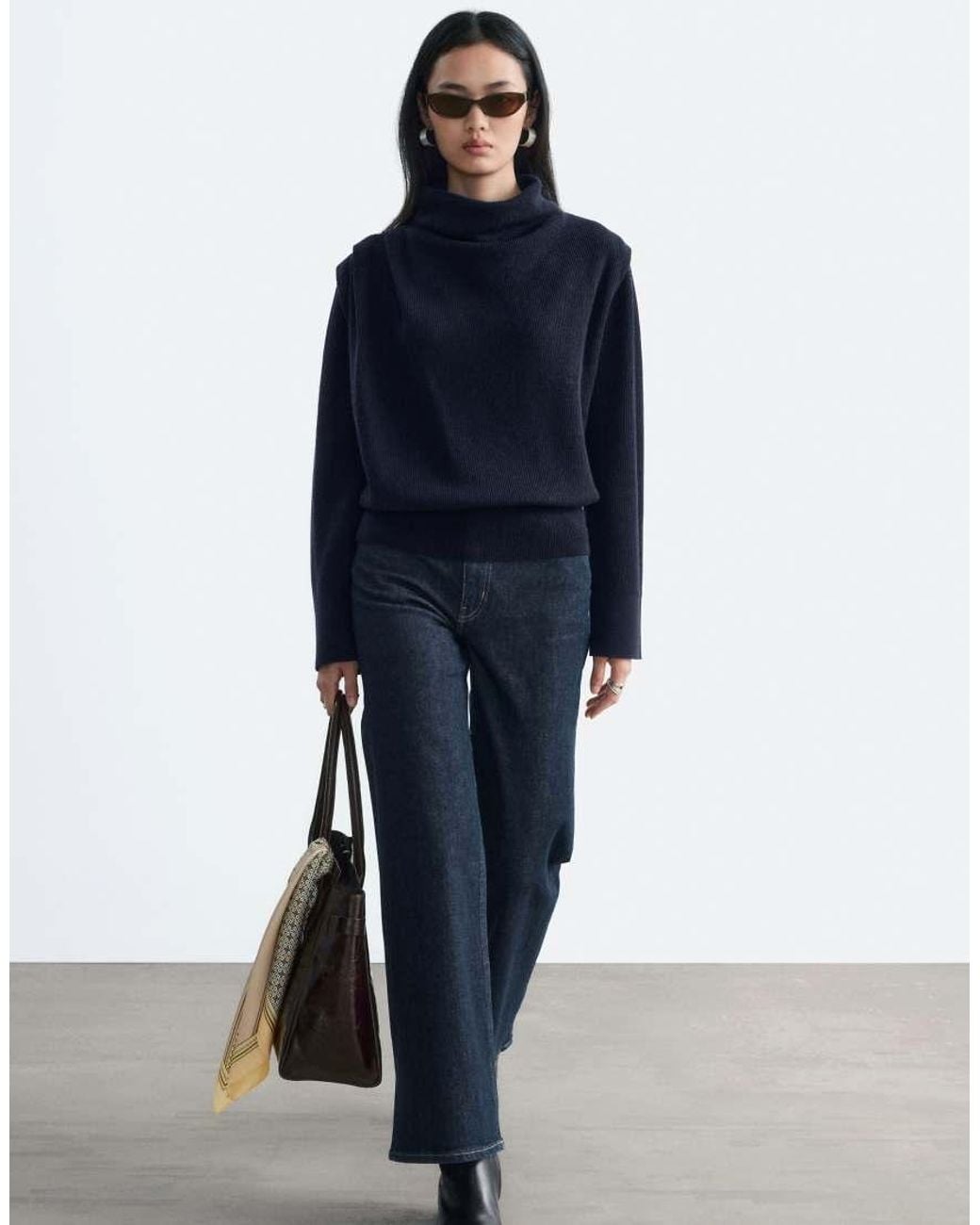 & Other Stories Blue Pure Wool Funnel Neck Sweater With Drape Shoulder Detail