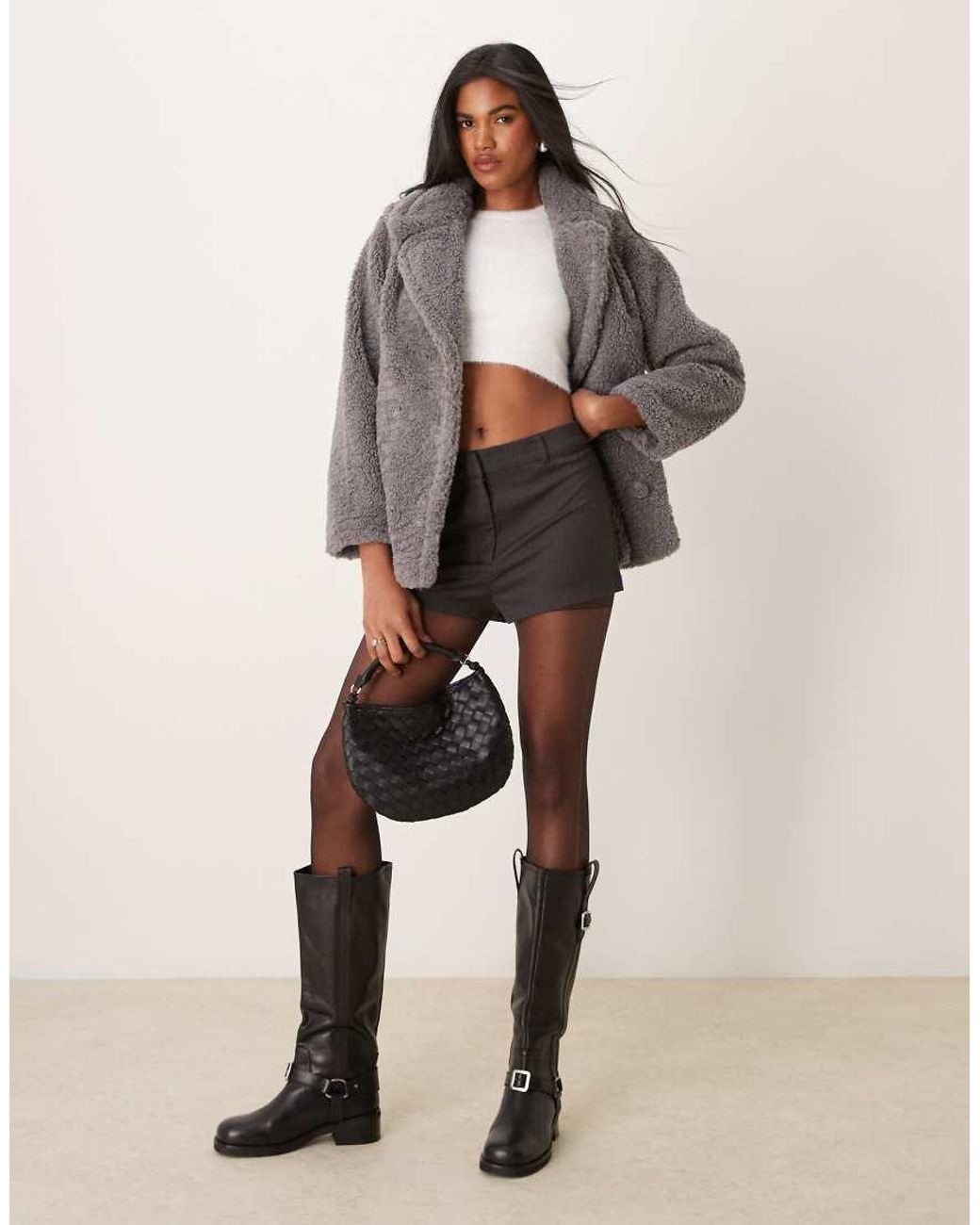 New Look Short Borg Coat in Grey Lyst UK
