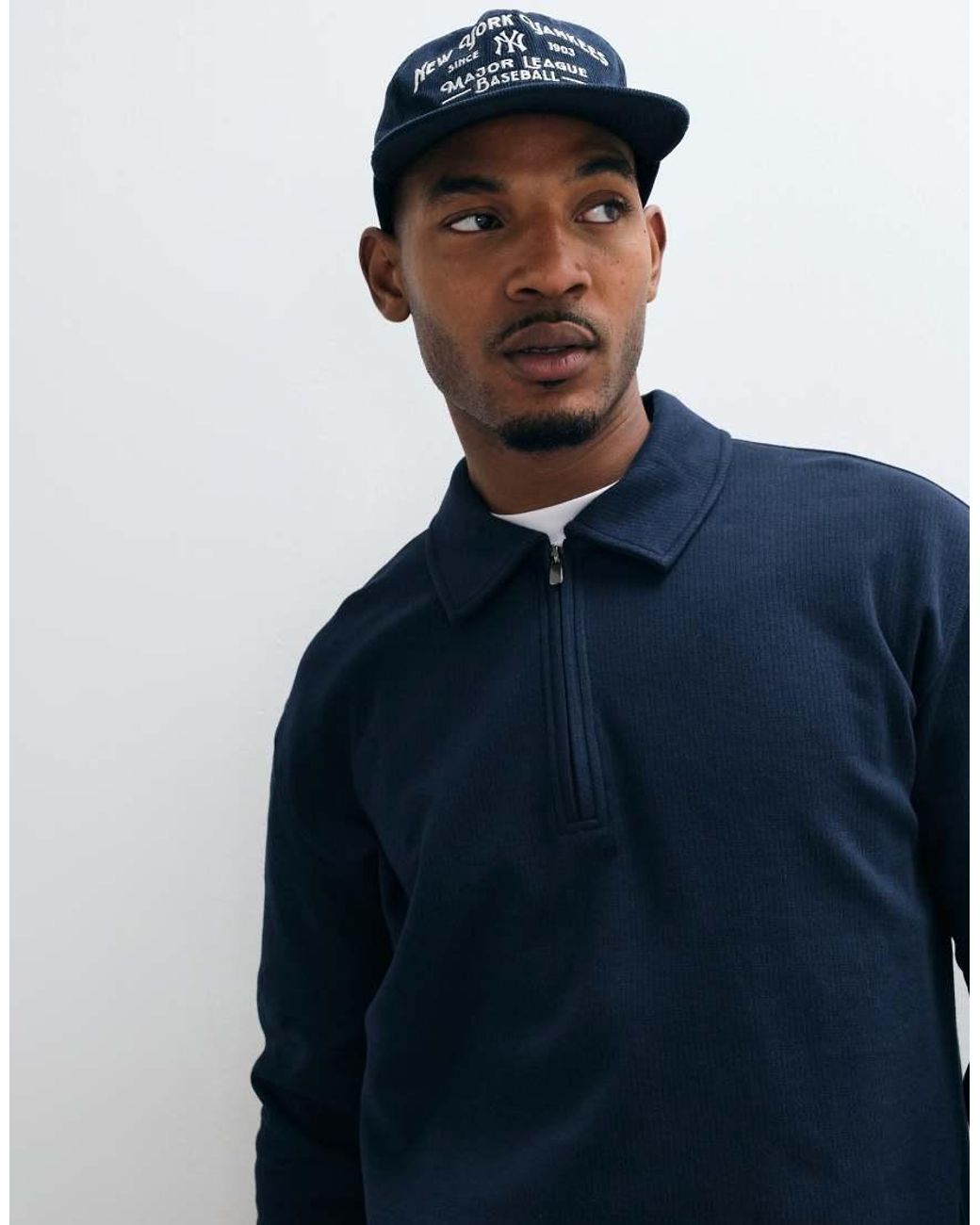 New Look Blue Textured Knit 1/4 Zip Polo for men