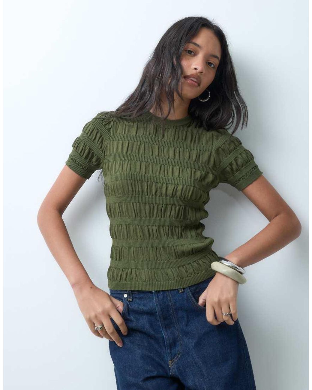 ASOS Green Shirred Fine Knit T-Shirt