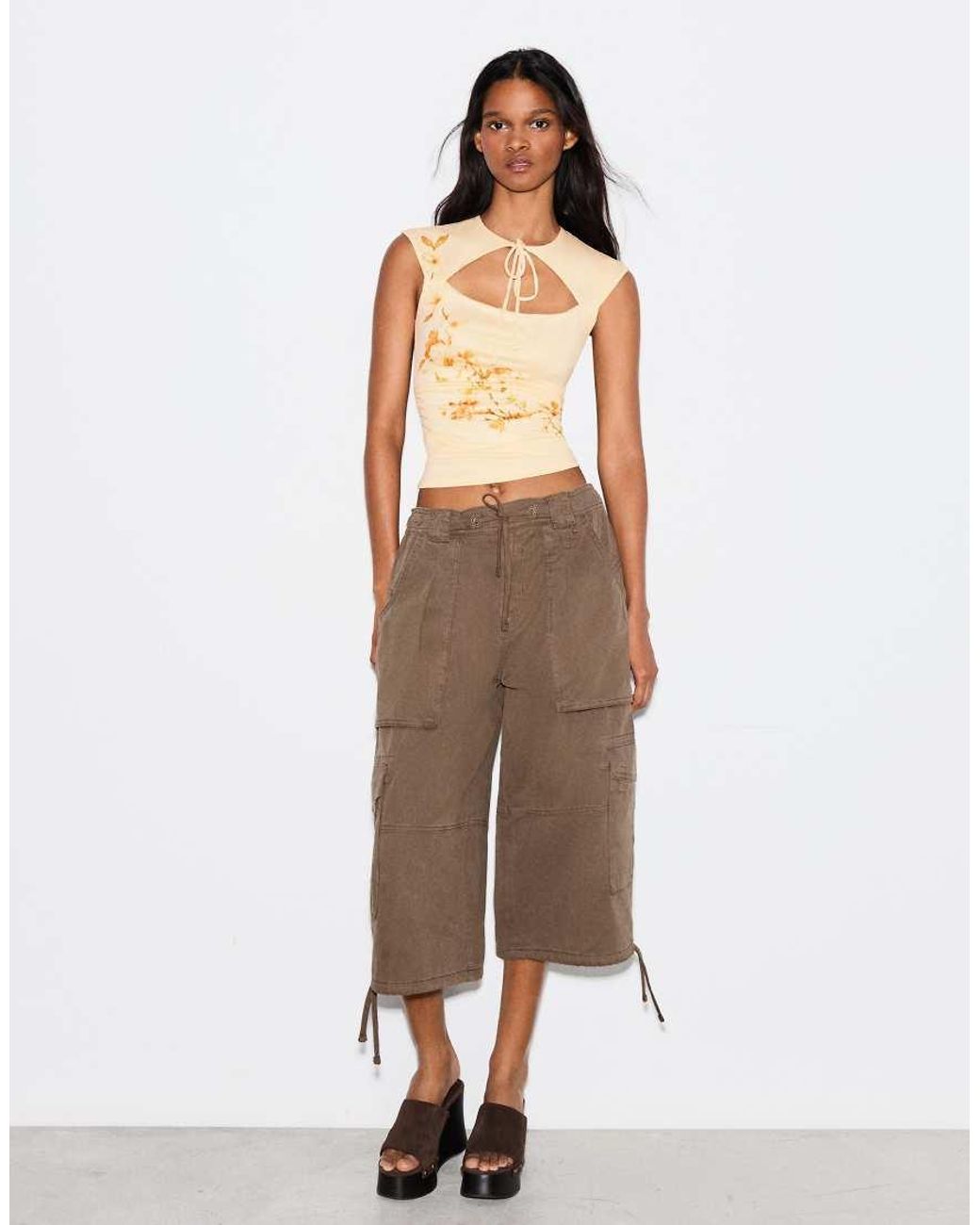 Bershka Brown Printed Top With Split