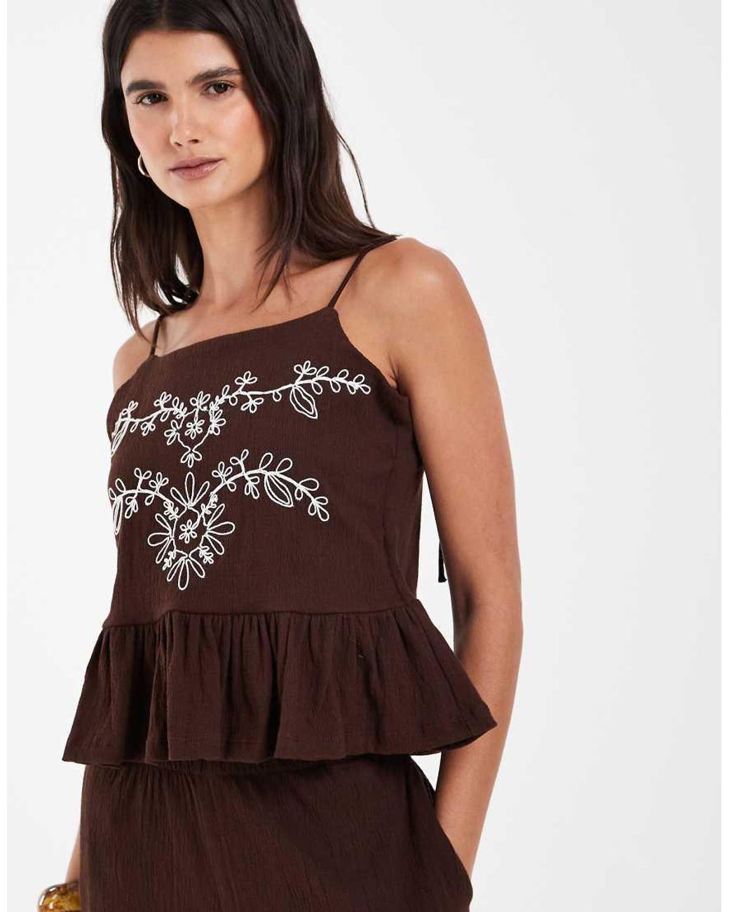 Object Brown Crinkle Cotton Frill Hem Embroidered Cami Top Co-ord