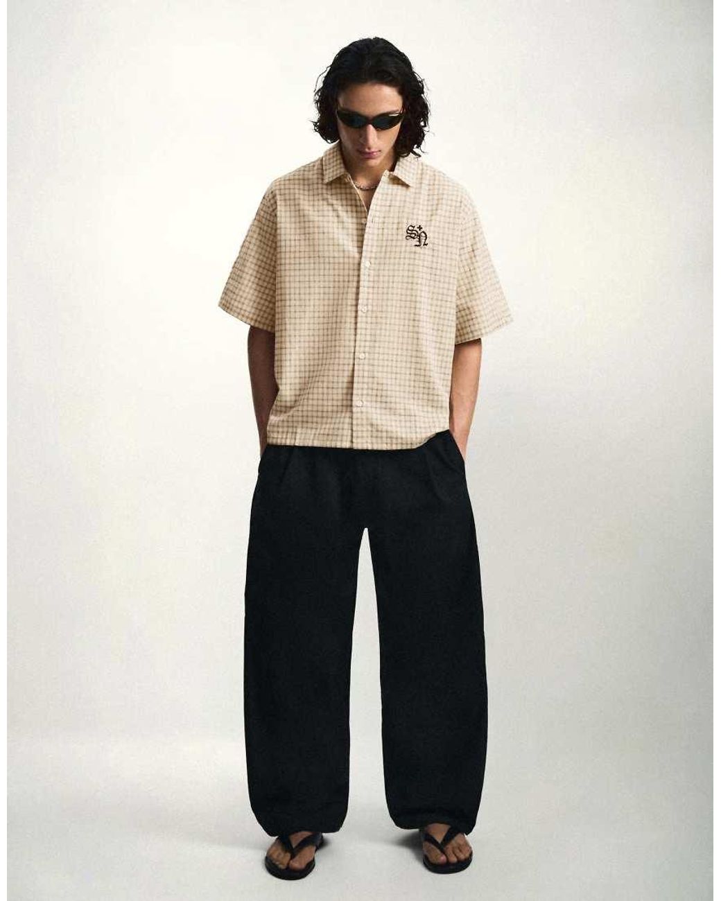 Bershka Natural Darted Barrel Leg Trousers for men