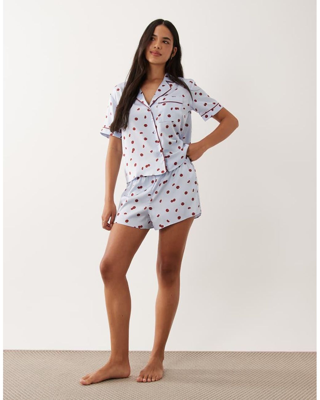 Abercrombie & Fitch Blue Satin Short Sleeve Pyjama Shirt Co-ord With Tomato Polka Dot