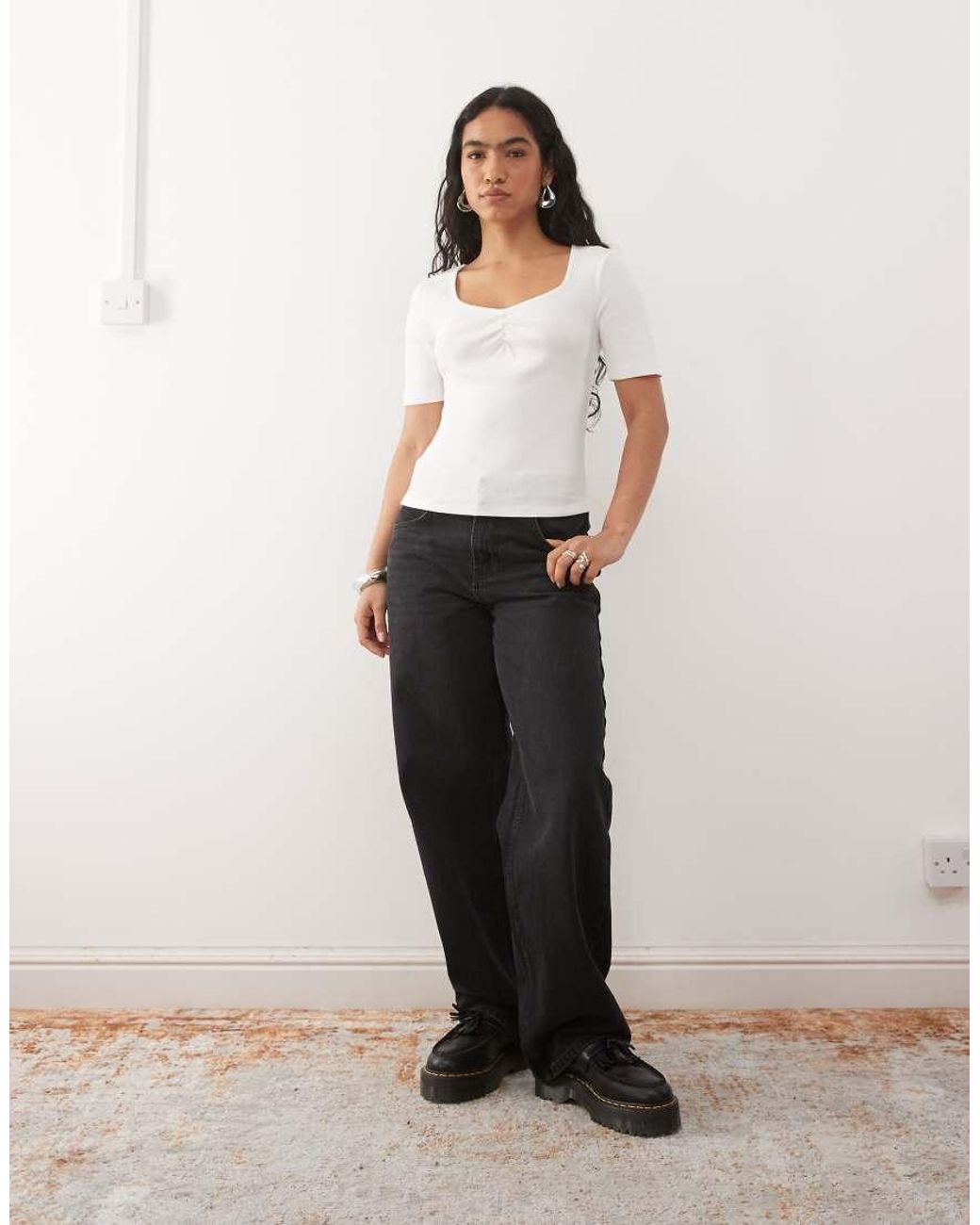 Noisy May White Ribbed Square Neck Rib T-shirt With Ruche Detail