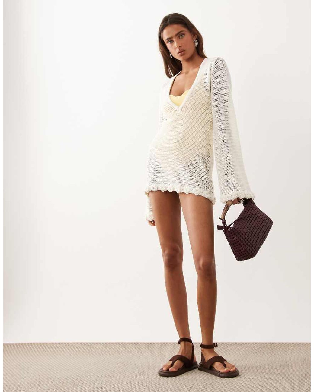 The Frolic Natural Exclusive Cotton Blend Crochet Plunge Flower Trim Beach Mini Dress