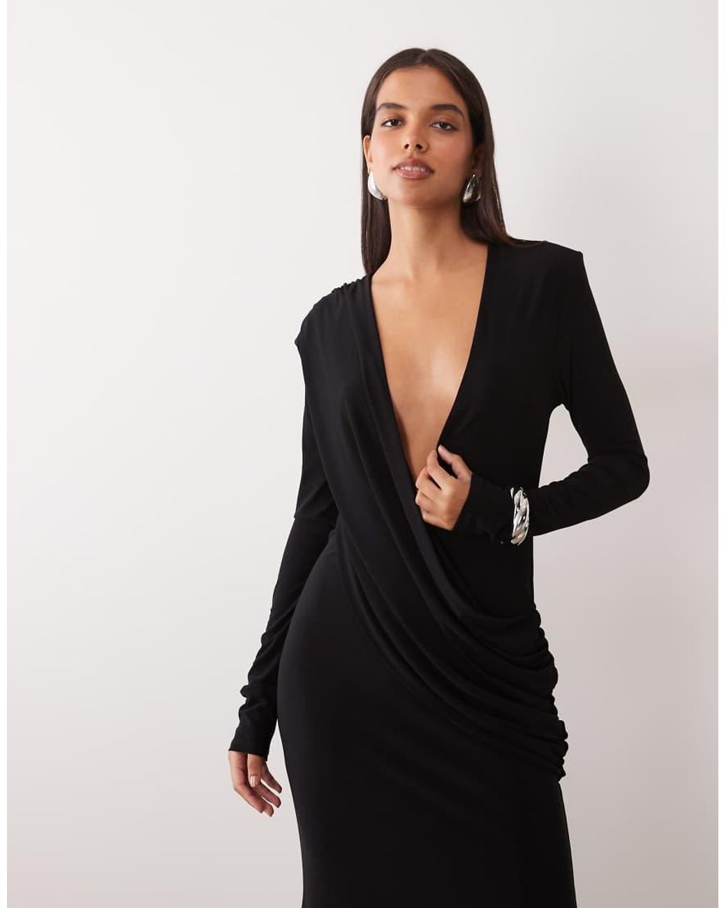 ASOS Black Shoulder Pad Slinky Maxi Dress With Sweeping Drape Detail