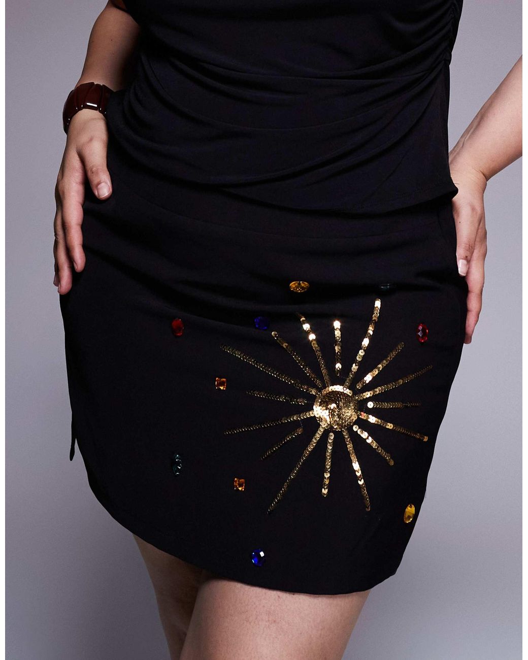 Renee Studio Black Velvet Side Split Celestial Sequin & Gem Mini Skirt