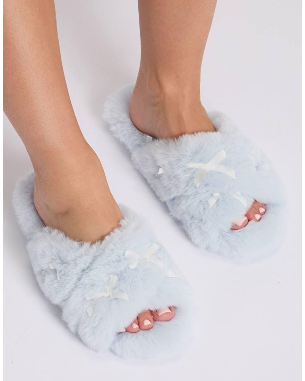 Boux Avenue White Multi Bow Plush Slider Slippers Open Toe Cosy Loungewear