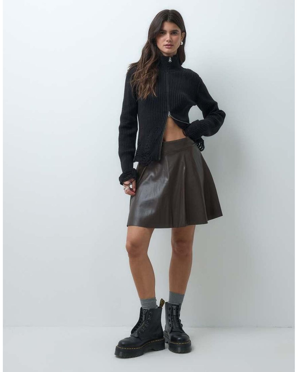 Noisy May Gray High Waisted Pleated Faux Leather Mini Skirt