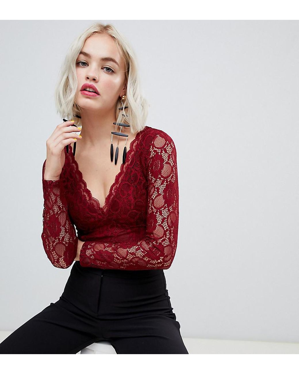 New Look Long Sleeve Lace Bodysuit In Burgundy in Red | Lyst
