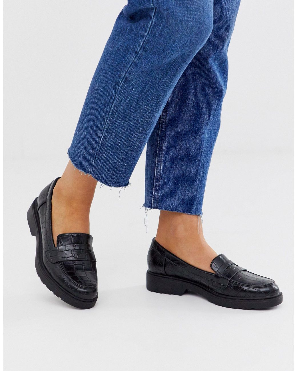 Glamorous Black Croc Effect Chunky Loafers | Lyst